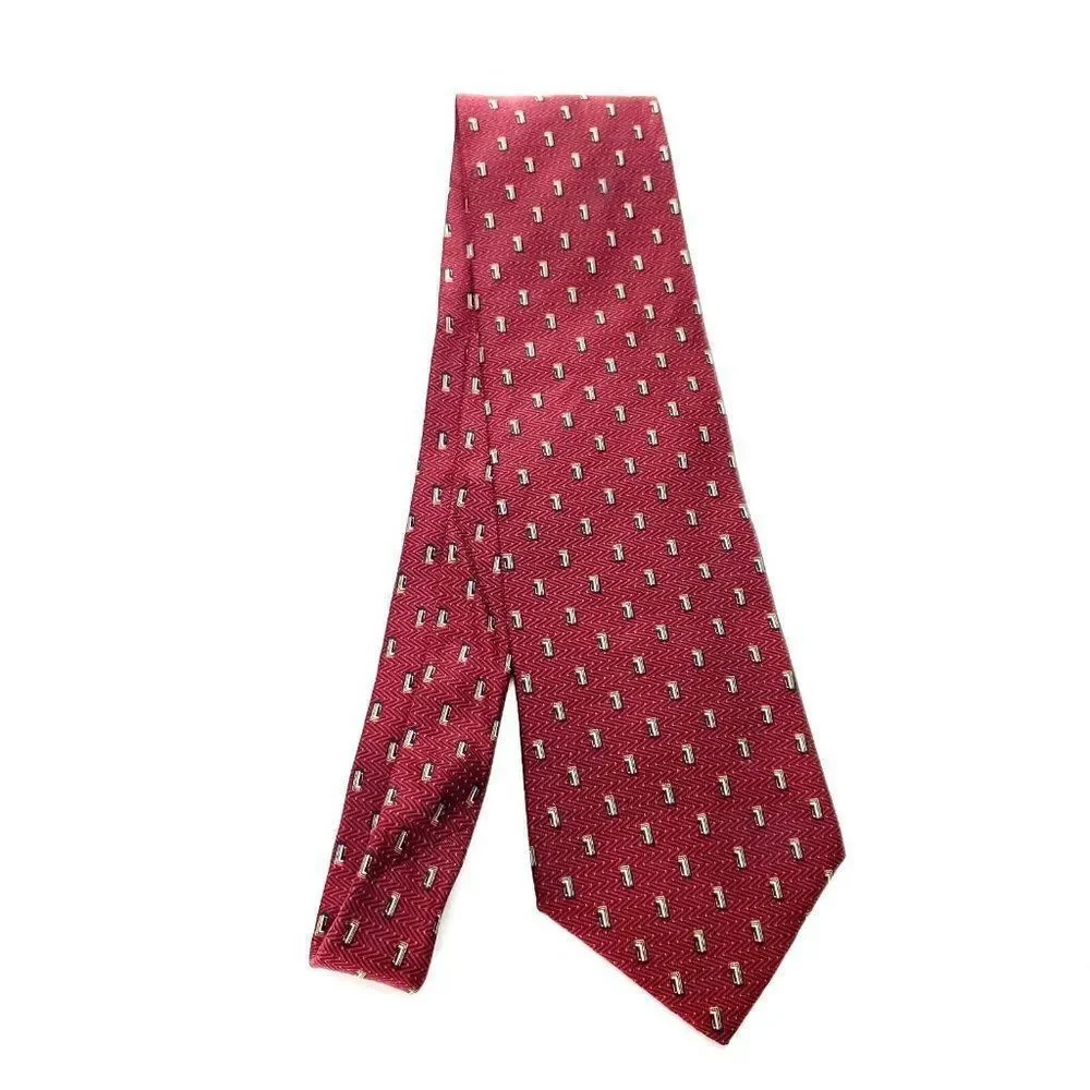 Nautica Red Silk Tie Woven‎ Short Wide Geometric Herringbone